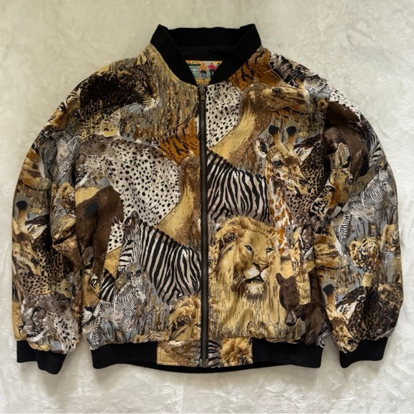 Vintage 80s Atlantic Beach 100% Silk Safari Animal Lightweight Bomber Jacket - Picture 1 of 6